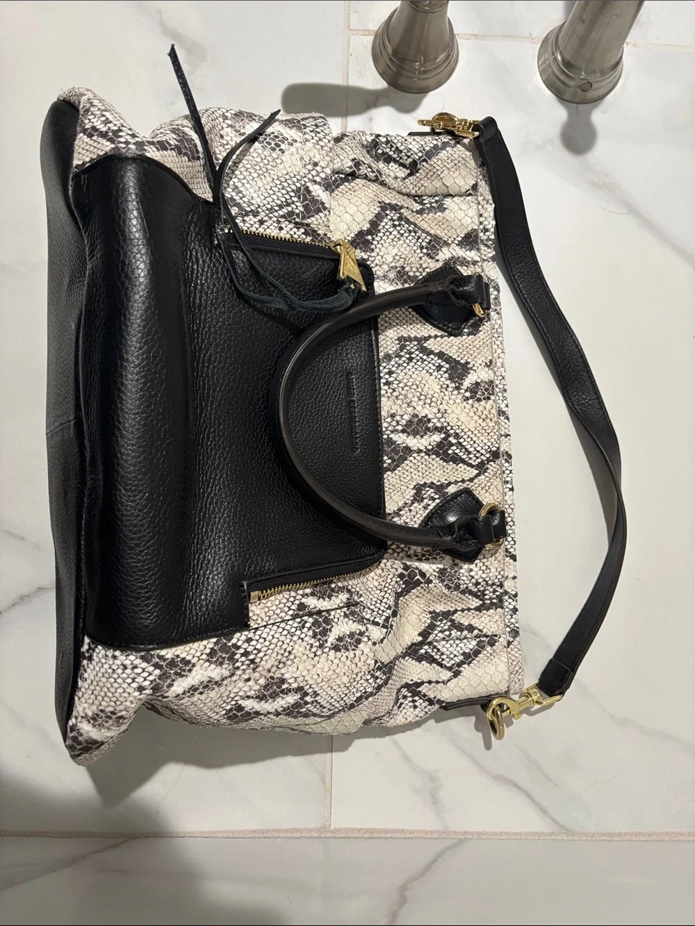 Aimee Kestenberg Black and Cream Snake-Print Leather Tote with Gold Hardware